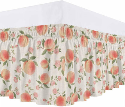 Wrap Around Bed Skirt Queen Size 16 inch Drop, Vintage Pink Peaches Flowers Elastic Adjustable Bed Skirts Ruffled Bedskirt, Summer Fruit on Linen Bed Frame Cover Hotel Luxury Bedskirts