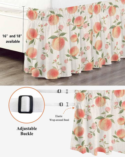 Wrap Around Bed Skirt Queen Size 16 inch Drop, Vintage Pink Peaches Flowers Elastic Adjustable Bed Skirts Ruffled Bedskirt, Summer Fruit on Linen Bed Frame Cover Hotel Luxury Bedskirts