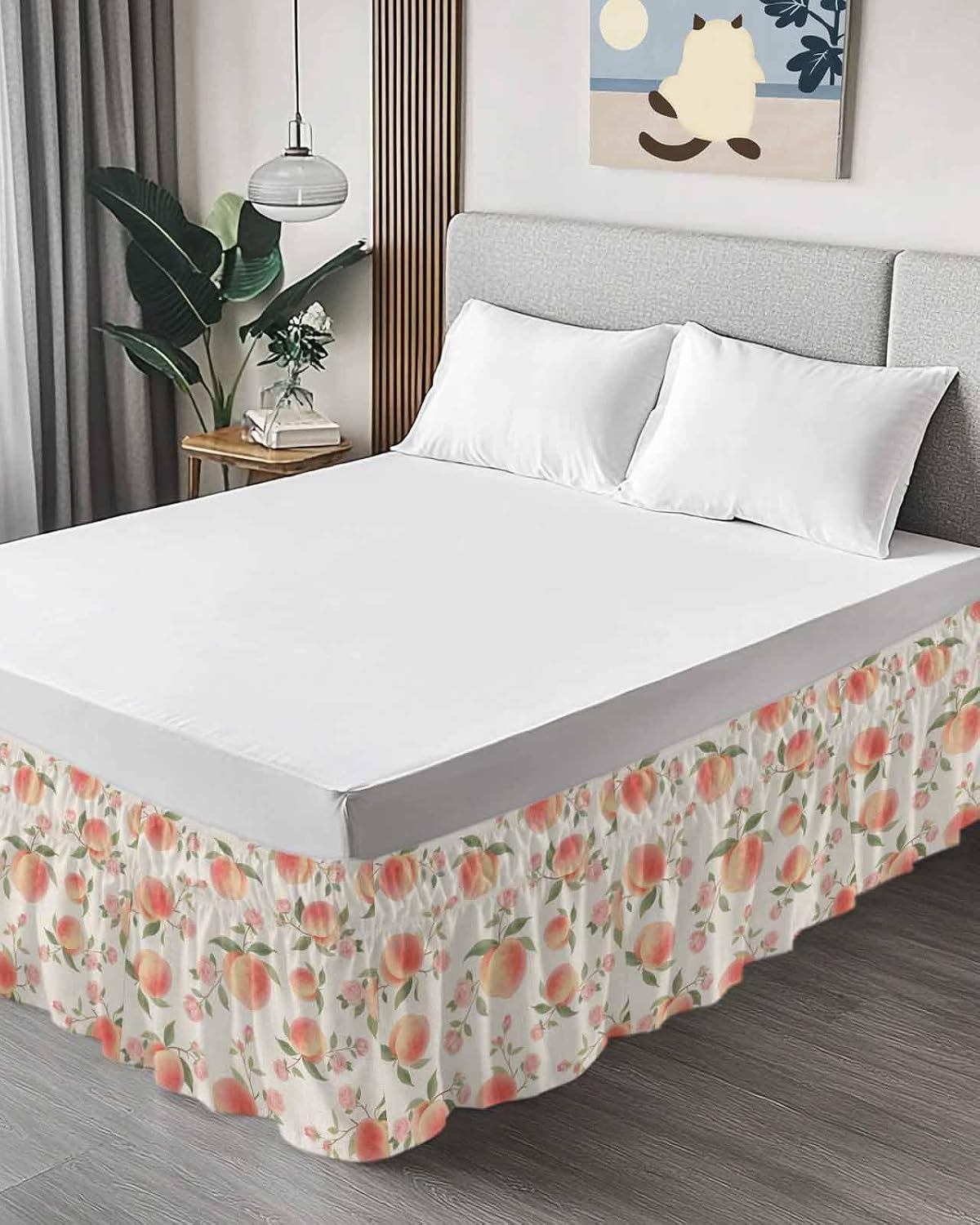 Wrap Around Bed Skirt Queen Size 16 inch Drop, Vintage Pink Peaches Flowers Elastic Adjustable Bed Skirts Ruffled Bedskirt, Summer Fruit on Linen Bed Frame Cover Hotel Luxury Bedskirts