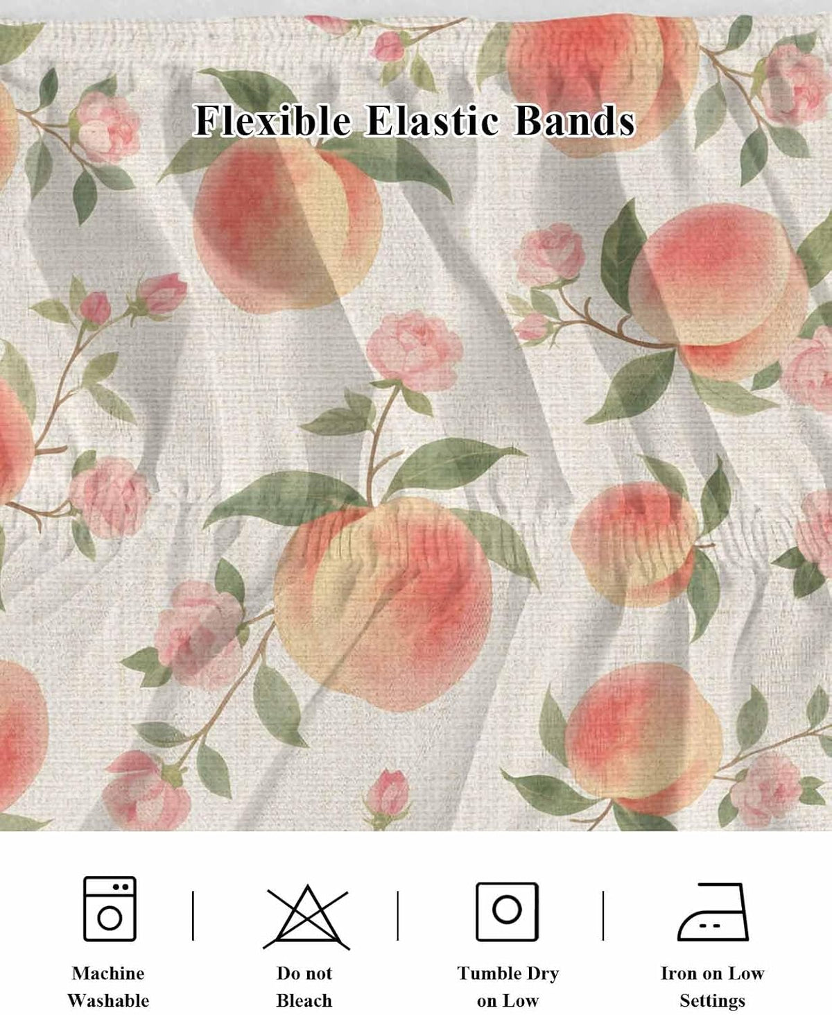 Wrap Around Bed Skirt Queen Size 16 inch Drop, Vintage Pink Peaches Flowers Elastic Adjustable Bed Skirts Ruffled Bedskirt, Summer Fruit on Linen Bed Frame Cover Hotel Luxury Bedskirts