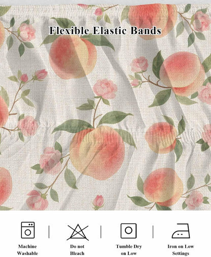 Wrap Around Bed Skirt Queen Size 16 inch Drop, Vintage Pink Peaches Flowers Elastic Adjustable Bed Skirts Ruffled Bedskirt, Summer Fruit on Linen Bed Frame Cover Hotel Luxury Bedskirts