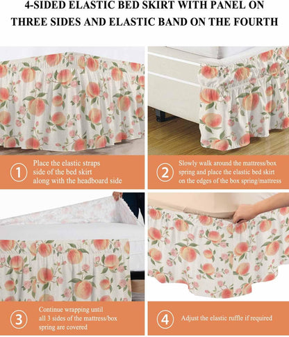 Wrap Around Bed Skirt Queen Size 16 inch Drop, Vintage Pink Peaches Flowers Elastic Adjustable Bed Skirts Ruffled Bedskirt, Summer Fruit on Linen Bed Frame Cover Hotel Luxury Bedskirts