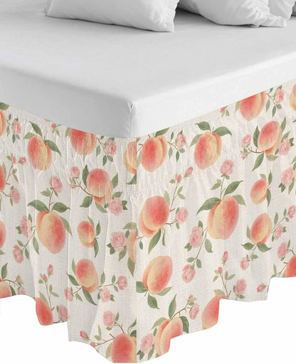 Wrap Around Bed Skirt Queen Size 16 inch Drop, Vintage Pink Peaches Flowers Elastic Adjustable Bed Skirts Ruffled Bedskirt, Summer Fruit on Linen Bed Frame Cover Hotel Luxury Bedskirts