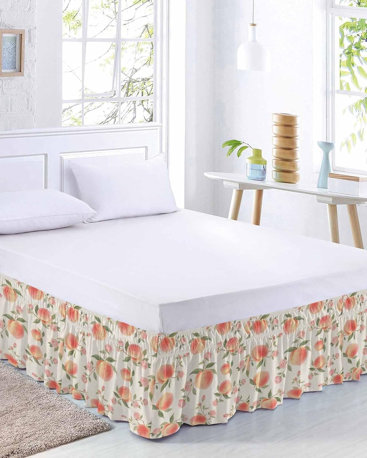 Wrap Around Bed Skirt Queen Size 16 inch Drop, Vintage Pink Peaches Flowers Elastic Adjustable Bed Skirts Ruffled Bedskirt, Summer Fruit on Linen Bed Frame Cover Hotel Luxury Bedskirts