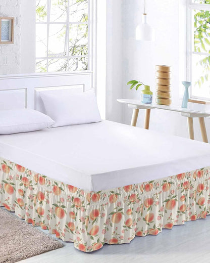 Wrap Around Bed Skirt Queen Size 16 inch Drop, Vintage Pink Peaches Flowers Elastic Adjustable Bed Skirts Ruffled Bedskirt, Summer Fruit on Linen Bed Frame Cover Hotel Luxury Bedskirts