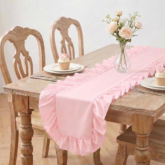 Pink Ruffled Table Runner 118 inch Scalloped Dining Table Runner Farmhouse Table Decor for Kitchen Holiday Wedding Birthday Baby Shower Party
