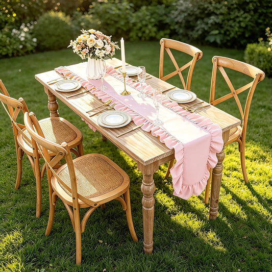 Pink Ruffled Table Runner 118 inch Scalloped Dining Table Runner Farmhouse Table Decor for Kitchen Holiday Wedding Birthday Baby Shower Party
