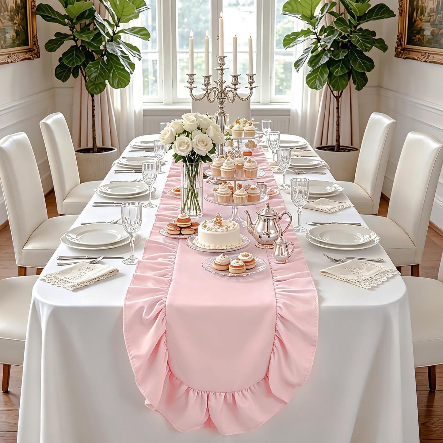 Pink Ruffled Table Runner 118 inch Scalloped Dining Table Runner Farmhouse Table Decor for Kitchen Holiday Wedding Birthday Baby Shower Party