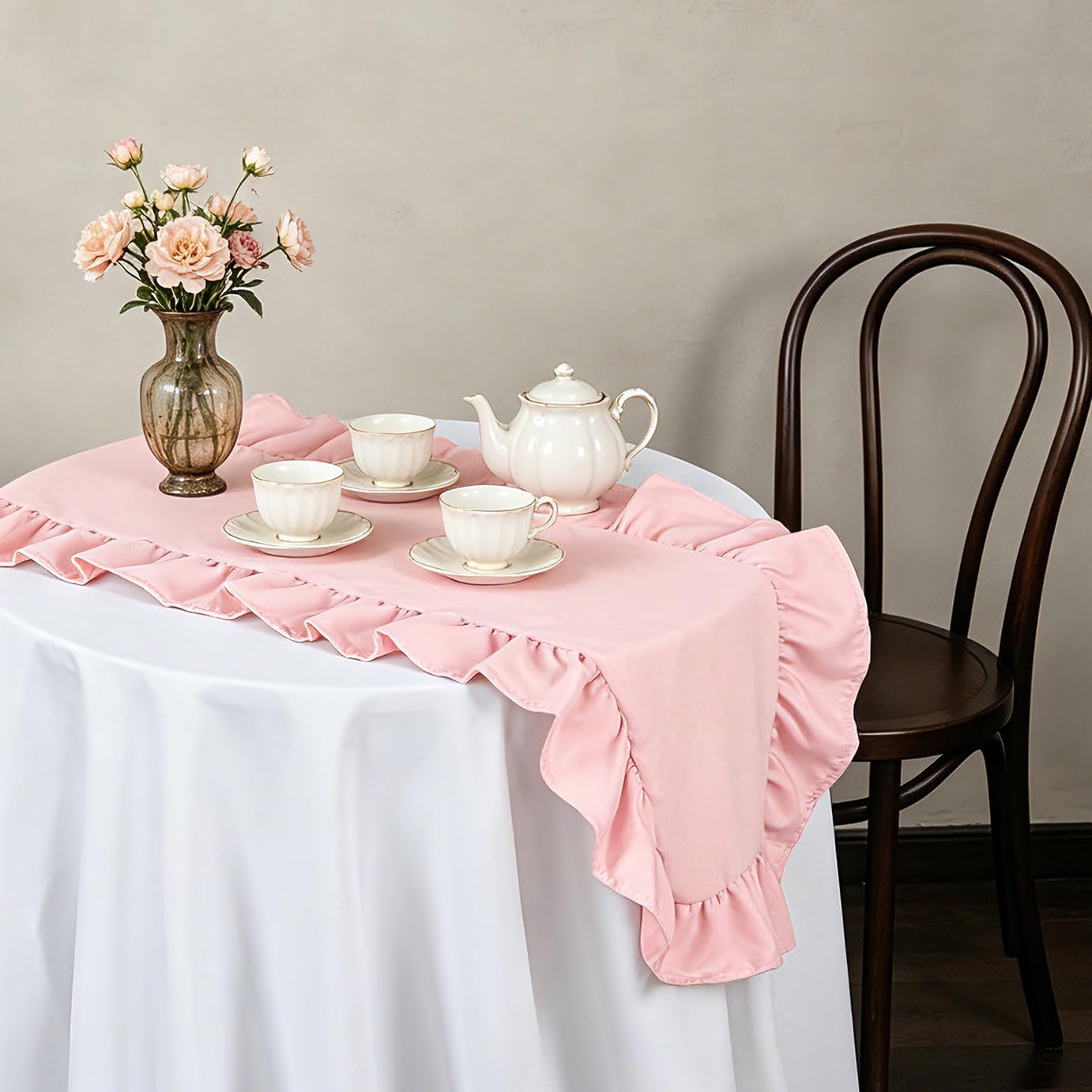 Pink Ruffled Table Runner 118 inch Scalloped Dining Table Runner Farmhouse Table Decor for Kitchen Holiday Wedding Birthday Baby Shower Party