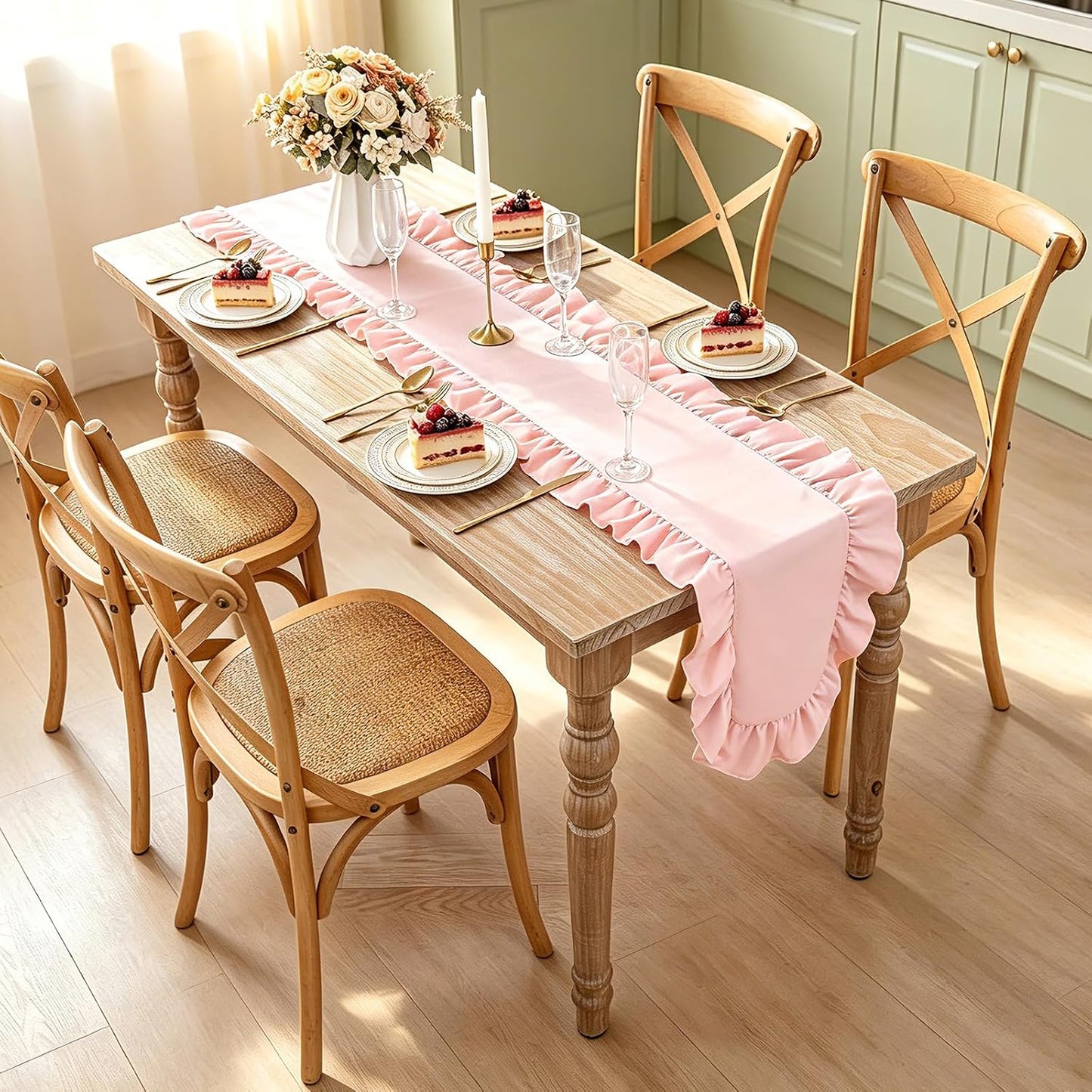 Pink Ruffled Table Runner 118 inch Scalloped Dining Table Runner Farmhouse Table Decor for Kitchen Holiday Wedding Birthday Baby Shower Party