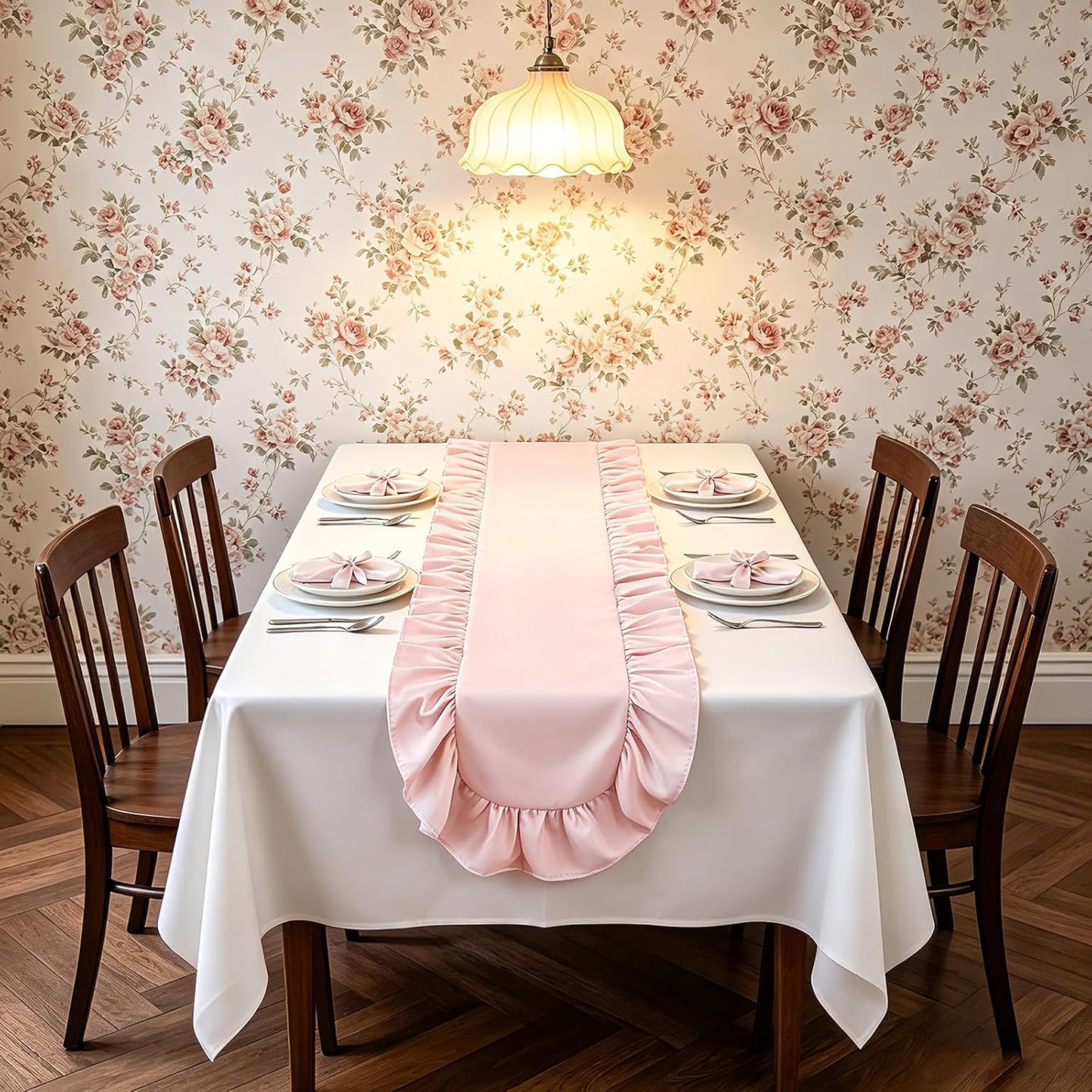 Pink Ruffled Table Runner 118 inch Scalloped Dining Table Runner Farmhouse Table Decor for Kitchen Holiday Wedding Birthday Baby Shower Party