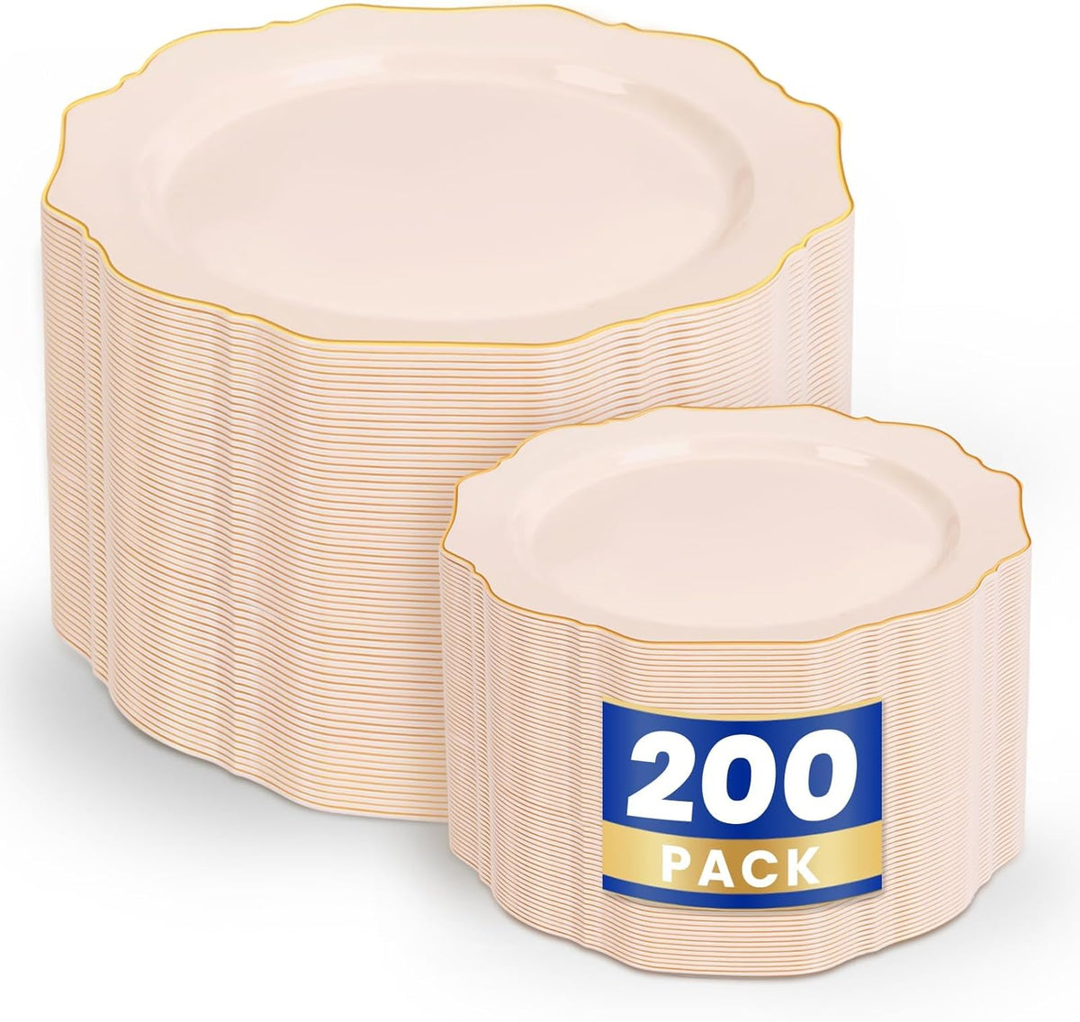 200PCS Pink Plastic Plates - Pink and Gold Plastic Plates - Include 100 Dinner Plate and 100 Cake Plate for Wedding/Bridal Shower/Tea party