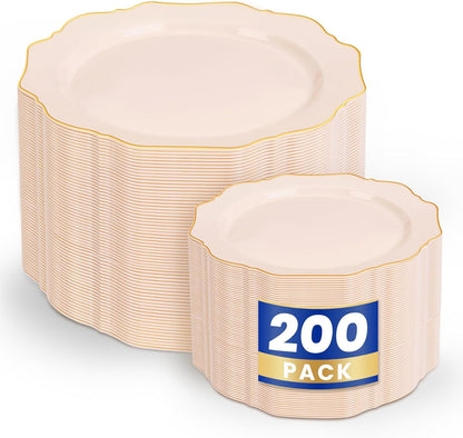 200PCS Pink Plastic Plates - Pink and Gold Plastic Plates - Include 100 Dinner Plate and 100 Cake Plate for Wedding/Bridal Shower/Tea party