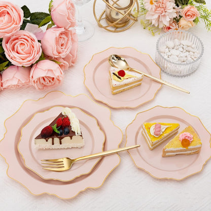 200PCS Pink Plastic Plates - Pink and Gold Plastic Plates - Include 100 Dinner Plate and 100 Cake Plate for Wedding/Bridal Shower/Tea party