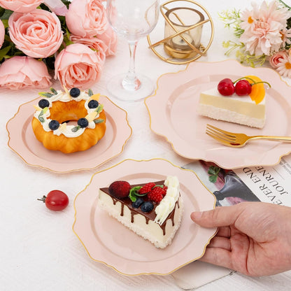 200PCS Pink Plastic Plates - Pink and Gold Plastic Plates - Include 100 Dinner Plate and 100 Cake Plate for Wedding/Bridal Shower/Tea party