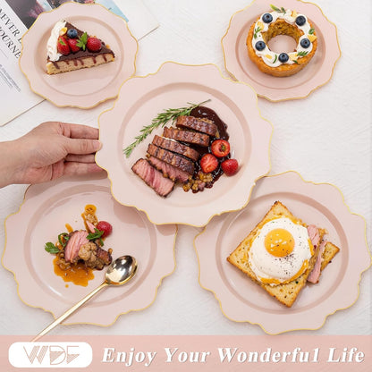 200PCS Pink Plastic Plates - Pink and Gold Plastic Plates - Include 100 Dinner Plate and 100 Cake Plate for Wedding/Bridal Shower/Tea party