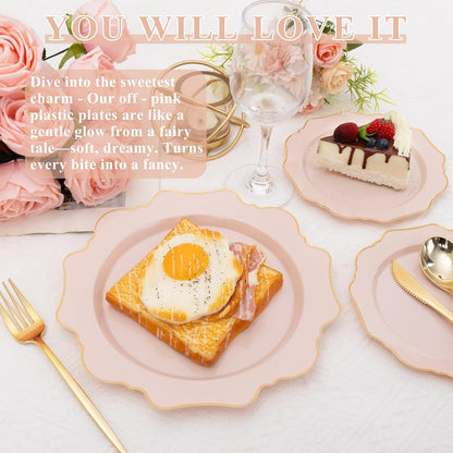 200PCS Pink Plastic Plates - Pink and Gold Plastic Plates - Include 100 Dinner Plate and 100 Cake Plate for Wedding/Bridal Shower/Tea party