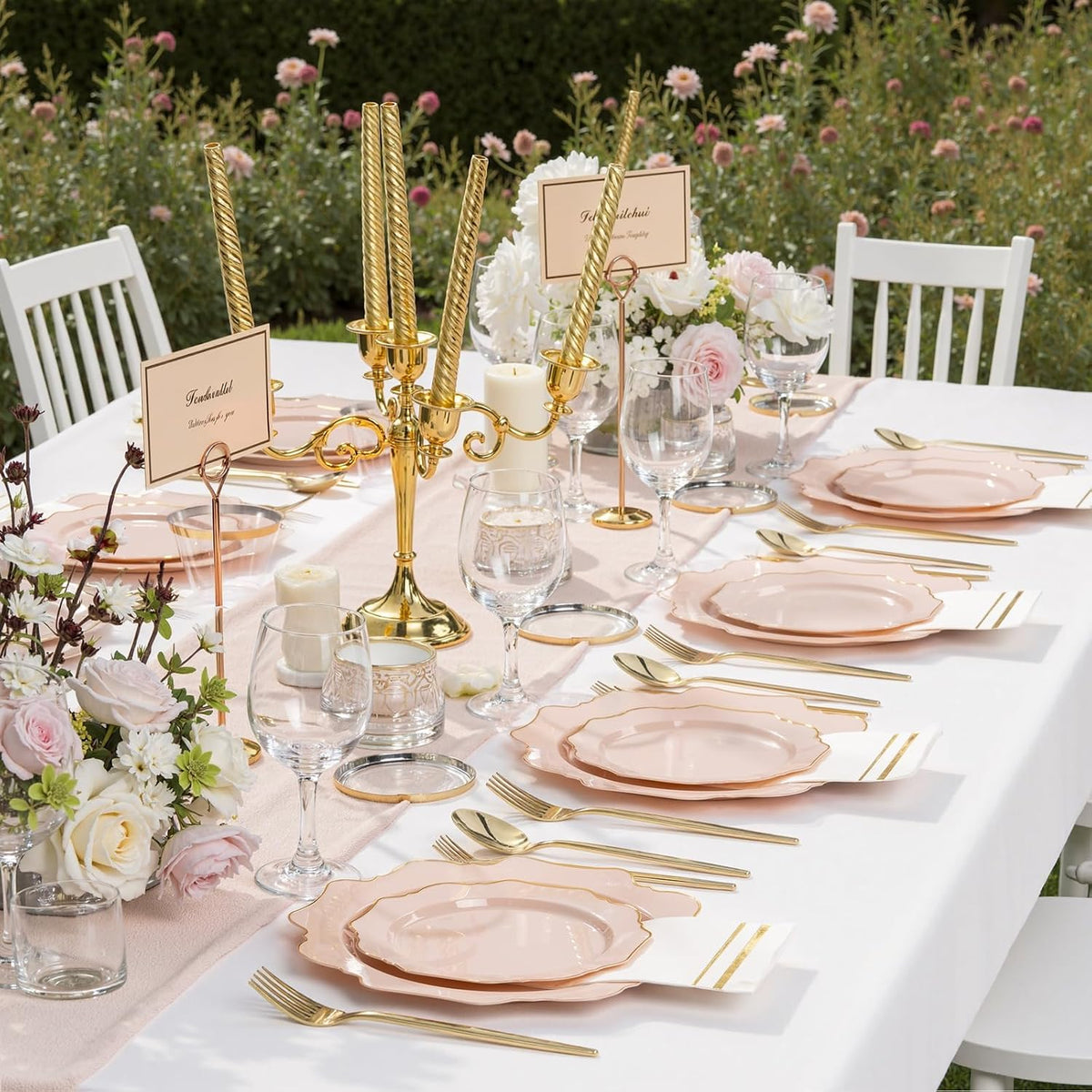 200PCS Pink Plastic Plates - Pink and Gold Plastic Plates - Include 100 Dinner Plate and 100 Cake Plate for Wedding/Bridal Shower/Tea party