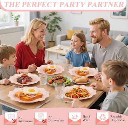 200PCS Pink Plastic Plates - Pink and Gold Plastic Plates - Include 100 Dinner Plate and 100 Cake Plate for Wedding/Bridal Shower/Tea party