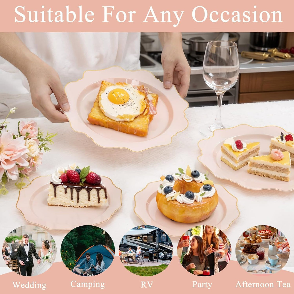 200PCS Pink Plastic Plates - Pink and Gold Plastic Plates - Include 100 Dinner Plate and 100 Cake Plate for Wedding/Bridal Shower/Tea party