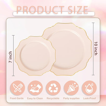 200PCS Pink Plastic Plates - Pink and Gold Plastic Plates - Include 100 Dinner Plate and 100 Cake Plate for Wedding/Bridal Shower/Tea party