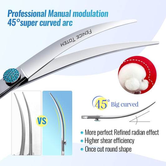 Fenice Professional Grooming Curved Shear: 45 Degree Super Curves Scissors for Dogs 7.5" Big Arc Curved Shears Made Of Japanese 440C Stainless Steel