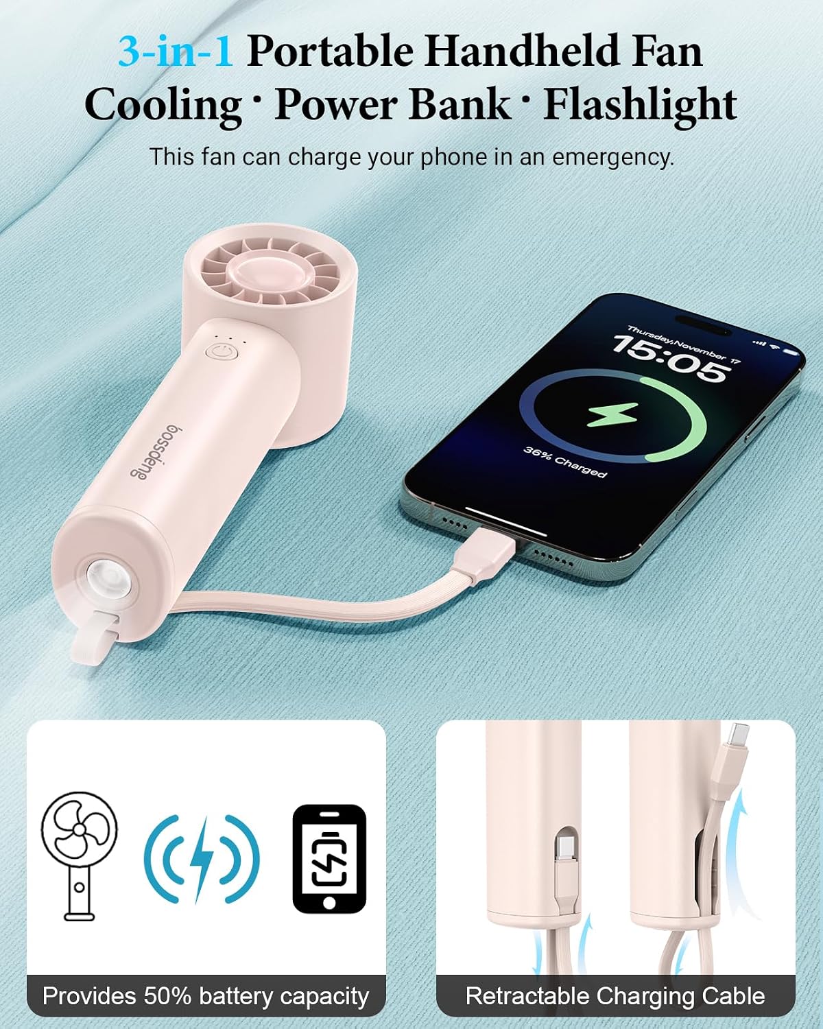 Portable Fan with Power Bank & Flashlight-Pink