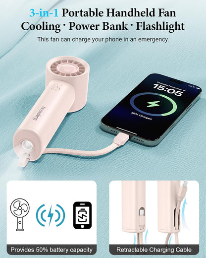 Portable Fan with Power Bank & Flashlight-Pink