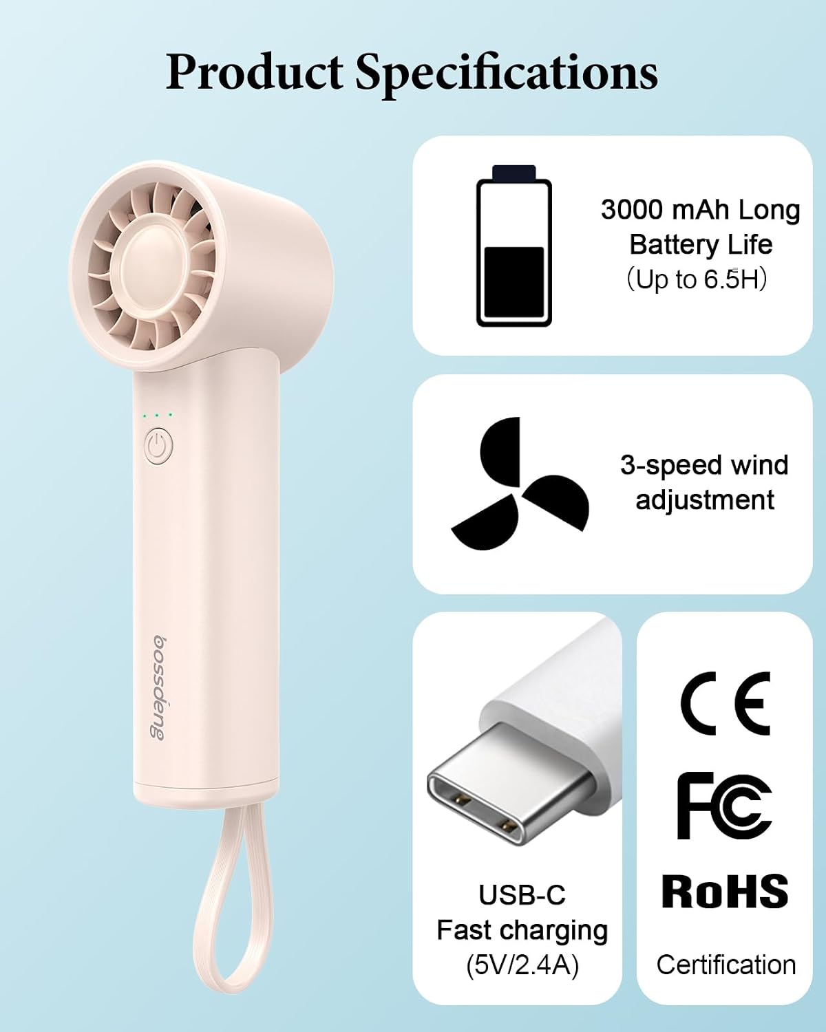 Portable Fan with Power Bank & Flashlight-Pink
