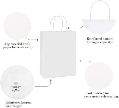 BagDream Paper Shopping Bags 10x5x13 100Pcs White Kraft Gift Bags with Handles Bulk, for Shopping, Merchandise, Retail, Party Favor, Gifts, Take-out, Recyclable Paper Sacks