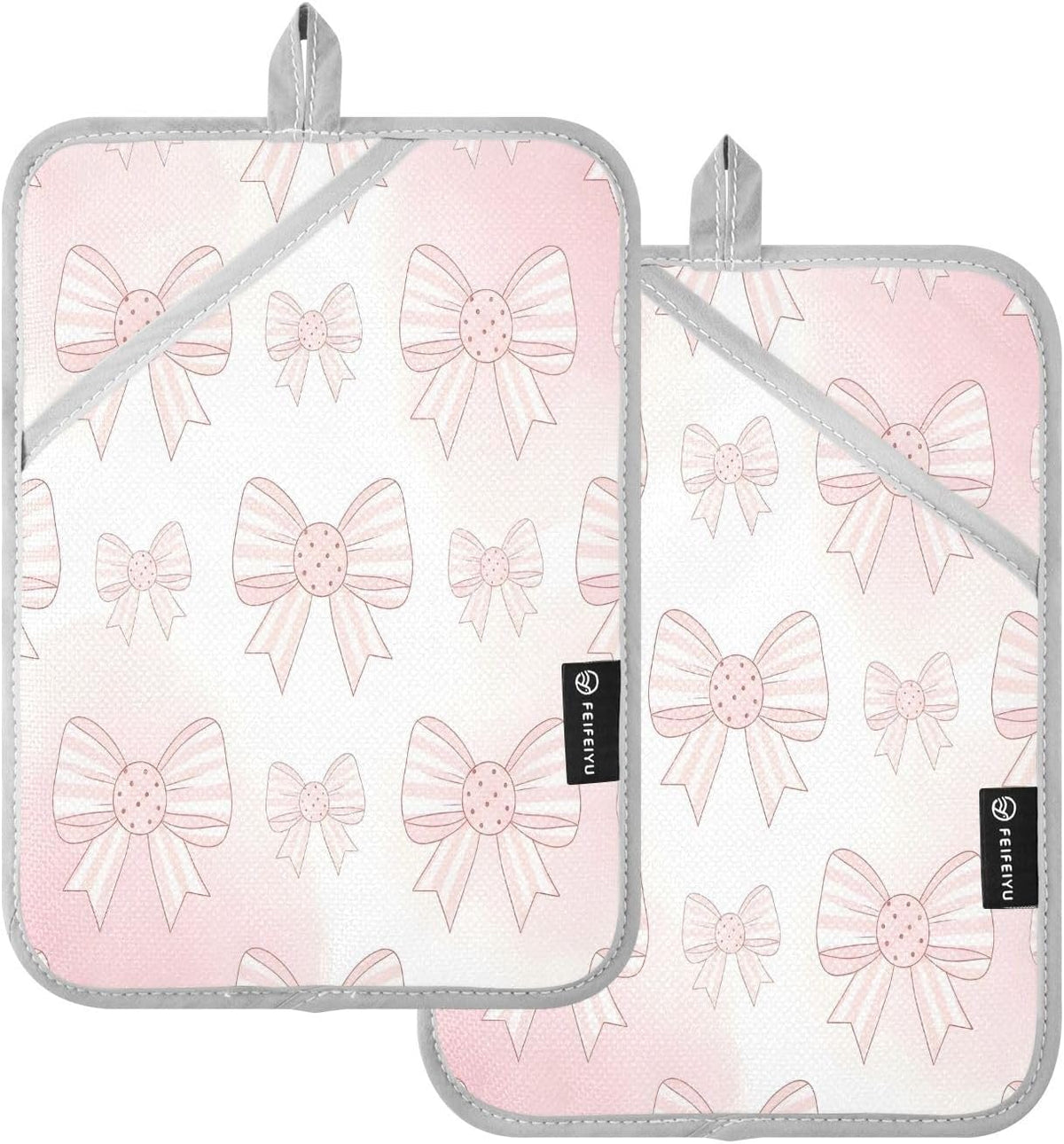 Light Pink Bows 2 Pack Heat Resistant Pot Holders, Thick Quilted Oven Mitts with Pocket, Heavy Duty Potholders for Kitchen Baking BBQ Grill, Machine Washable 7x9.8 Inch