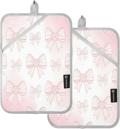 Light Pink Bows 2 Pack Heat Resistant Pot Holders, Thick Quilted Oven Mitts with Pocket, Heavy Duty Potholders for Kitchen Baking BBQ Grill, Machine Washable 7x9.8 Inch