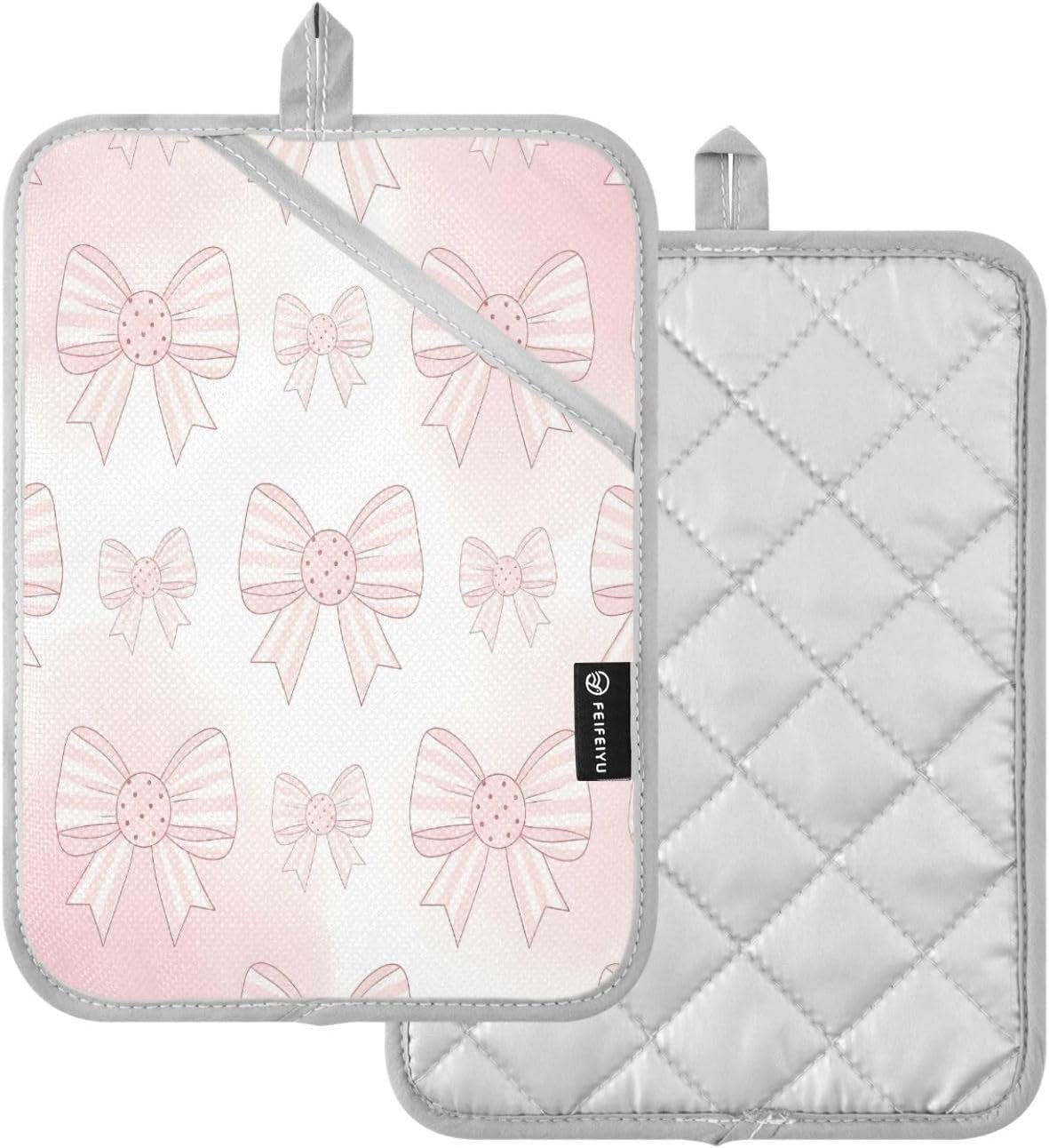Light Pink Bows 2 Pack Heat Resistant Pot Holders, Thick Quilted Oven Mitts with Pocket, Heavy Duty Potholders for Kitchen Baking BBQ Grill, Machine Washable 7x9.8 Inch