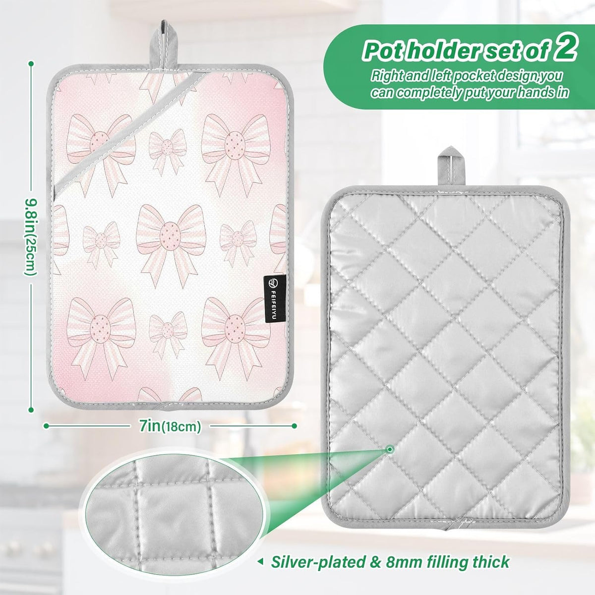 Light Pink Bows 2 Pack Heat Resistant Pot Holders, Thick Quilted Oven Mitts with Pocket, Heavy Duty Potholders for Kitchen Baking BBQ Grill, Machine Washable 7x9.8 Inch