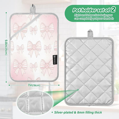 Light Pink Bows 2 Pack Heat Resistant Pot Holders, Thick Quilted Oven Mitts with Pocket, Heavy Duty Potholders for Kitchen Baking BBQ Grill, Machine Washable 7x9.8 Inch