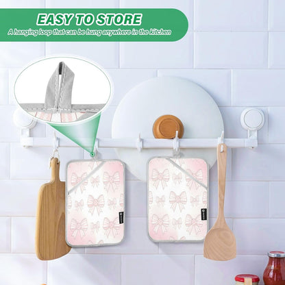 Light Pink Bows 2 Pack Heat Resistant Pot Holders, Thick Quilted Oven Mitts with Pocket, Heavy Duty Potholders for Kitchen Baking BBQ Grill, Machine Washable 7x9.8 Inch