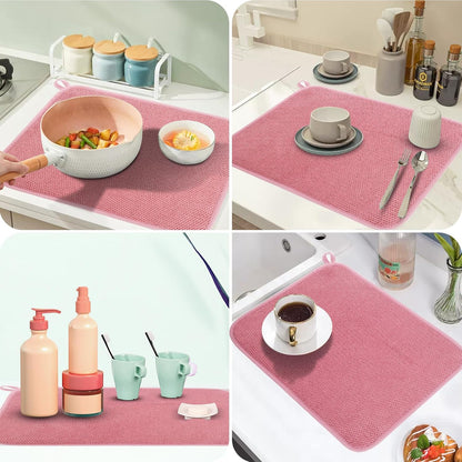 Microfiber Dish Drying Mat, Super Absorbent Kitchen Dish Drying Pad, Reversible Gift Mats for Countertop, 12 * 16 inch Pink