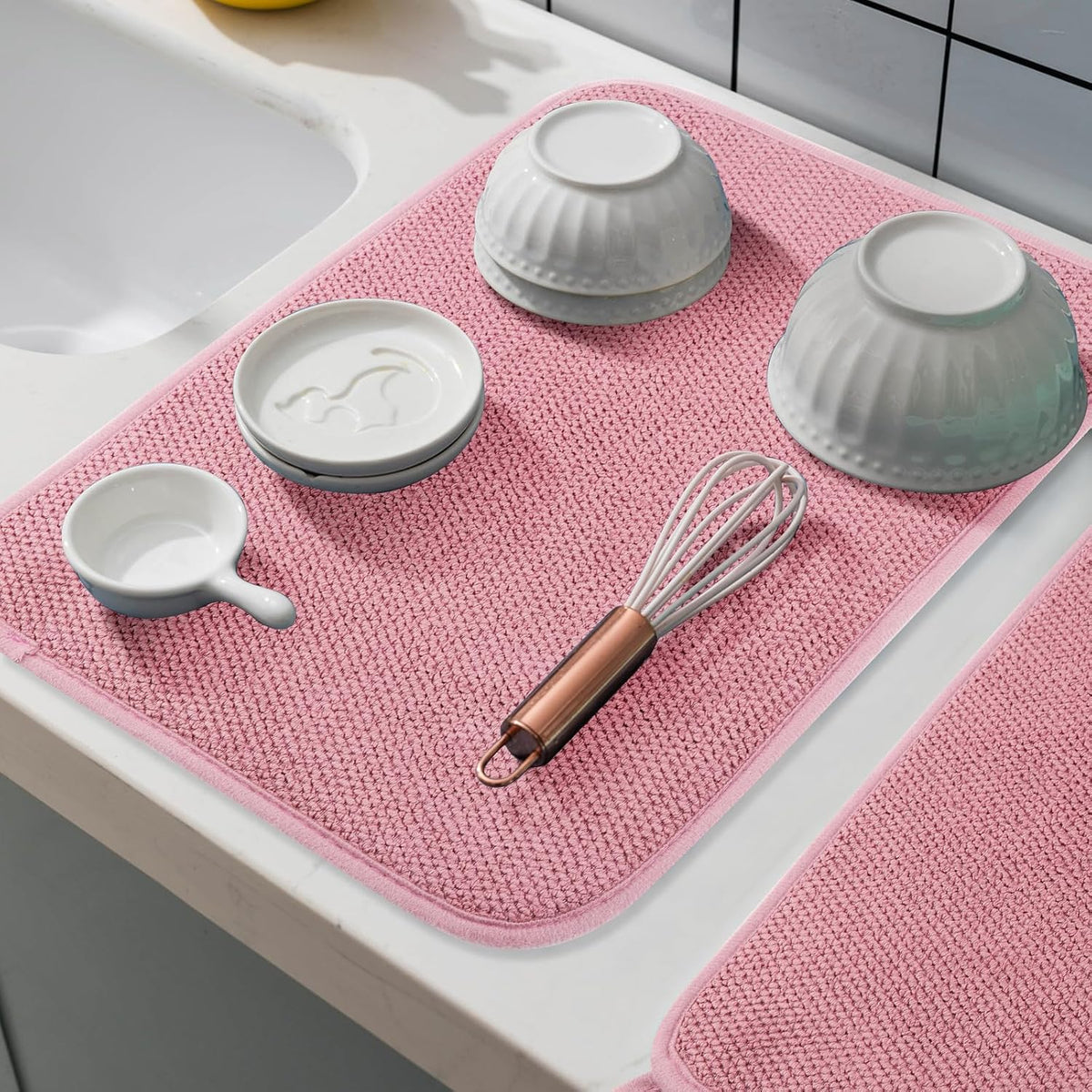 Microfiber Dish Drying Mat, Super Absorbent Kitchen Dish Drying Pad, Reversible Gift Mats for Countertop, 12 * 16 inch Pink