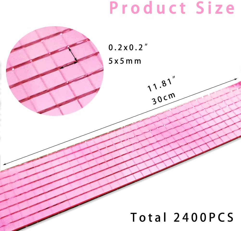 Self Adhesive Mirror Mosaic Tiles, 2400Pcs Pink Disco Ball Mirror Stickers 5x5 mm Square Glass Sticker for DIY Craft Decorations, Party Decor, Disco Ball Making, Gift Crafts