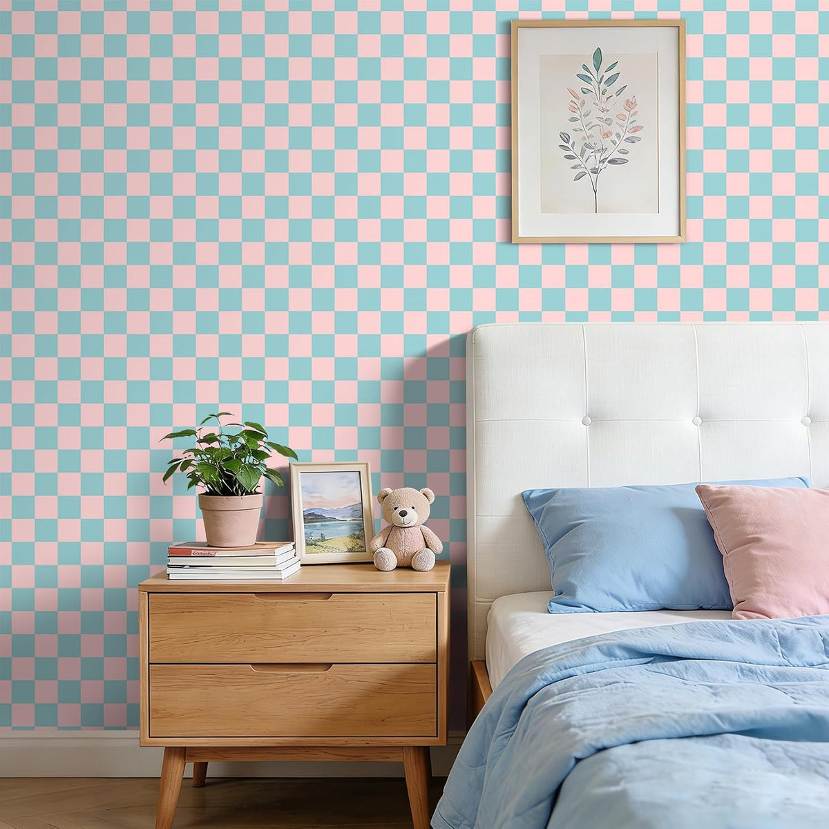 Pink Blue Checkered Peel and Stick Wallpaper 70s Retro Pastel Plaid Removable Wallpaper 17.5"X118" Mid Century Rental Friendly Geometric Wall Paper for Bedroom Bathroom Accent Wall Cabinets