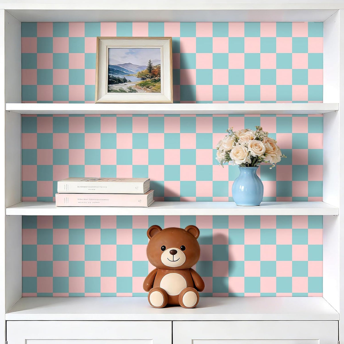 Pink Blue Checkered Peel and Stick Wallpaper 70s Retro Pastel Plaid Removable Wallpaper 17.5"X118" Mid Century Rental Friendly Geometric Wall Paper for Bedroom Bathroom Accent Wall Cabinets