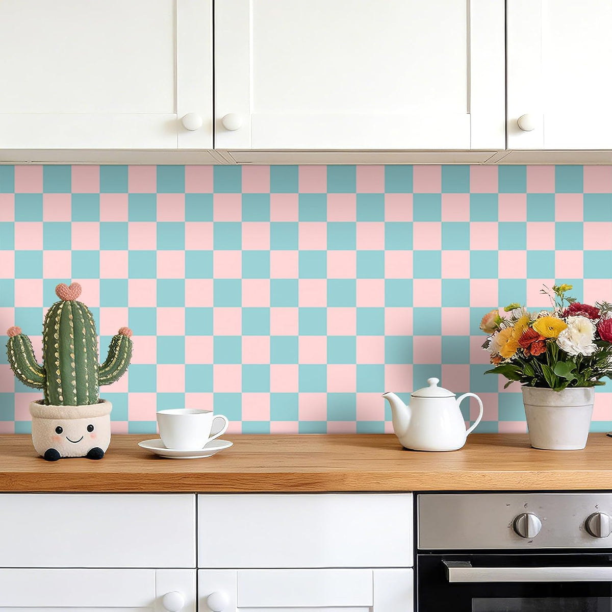 Pink Blue Checkered Peel and Stick Wallpaper 70s Retro Pastel Plaid Removable Wallpaper 17.5"X118" Mid Century Rental Friendly Geometric Wall Paper for Bedroom Bathroom Accent Wall Cabinets