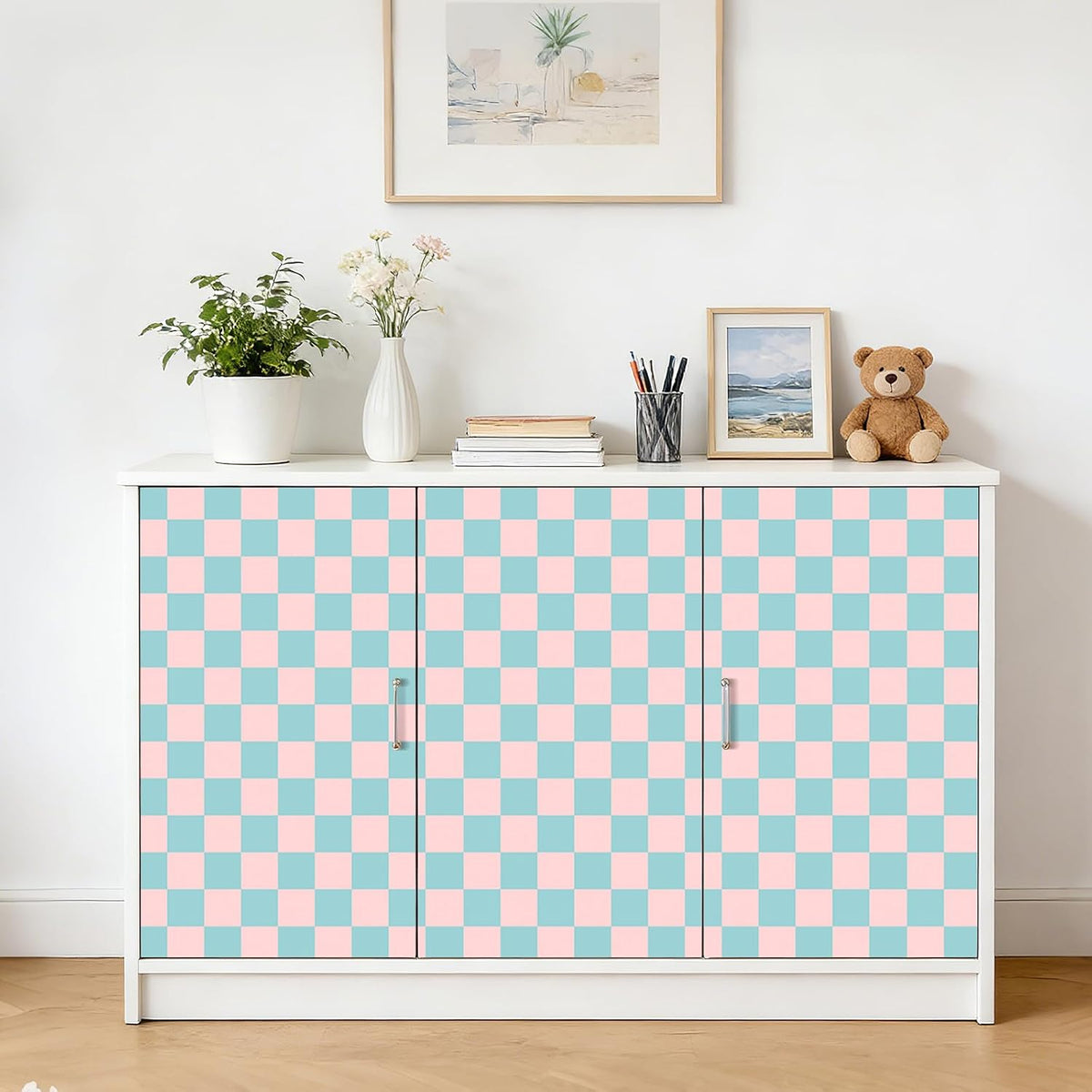 Pink Blue Checkered Peel and Stick Wallpaper 70s Retro Pastel Plaid Removable Wallpaper 17.5"X118" Mid Century Rental Friendly Geometric Wall Paper for Bedroom Bathroom Accent Wall Cabinets