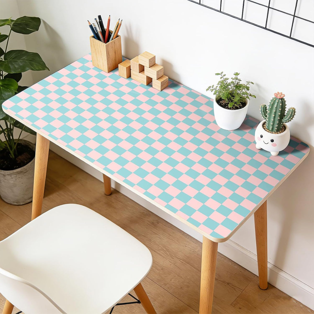 Pink Blue Checkered Peel and Stick Wallpaper 70s Retro Pastel Plaid Removable Wallpaper 17.5"X118" Mid Century Rental Friendly Geometric Wall Paper for Bedroom Bathroom Accent Wall Cabinets