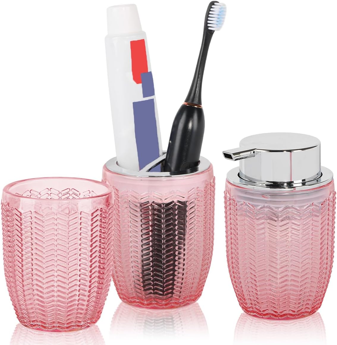 Bathroom Accessories Set of 3, Pink Glass Toothbrush Holder and Foam Soap Dispenser Set, Bathroom Foaming Soap Dispenser, Tumbler, Toothpaste and Tooth Brush Cup Holder for Countertop Decor