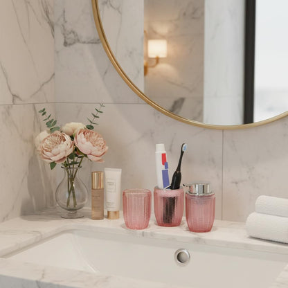 Bathroom Accessories Set of 3, Pink Glass Toothbrush Holder and Foam Soap Dispenser Set, Bathroom Foaming Soap Dispenser, Tumbler, Toothpaste and Tooth Brush Cup Holder for Countertop Decor