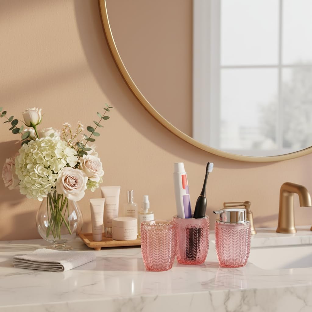 Bathroom Accessories Set of 3, Pink Glass Toothbrush Holder and Foam Soap Dispenser Set, Bathroom Foaming Soap Dispenser, Tumbler, Toothpaste and Tooth Brush Cup Holder for Countertop Decor