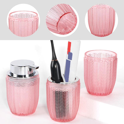 Bathroom Accessories Set of 3, Pink Glass Toothbrush Holder and Foam Soap Dispenser Set, Bathroom Foaming Soap Dispenser, Tumbler, Toothpaste and Tooth Brush Cup Holder for Countertop Decor