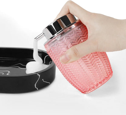 Bathroom Accessories Set of 3, Pink Glass Toothbrush Holder and Foam Soap Dispenser Set, Bathroom Foaming Soap Dispenser, Tumbler, Toothpaste and Tooth Brush Cup Holder for Countertop Decor