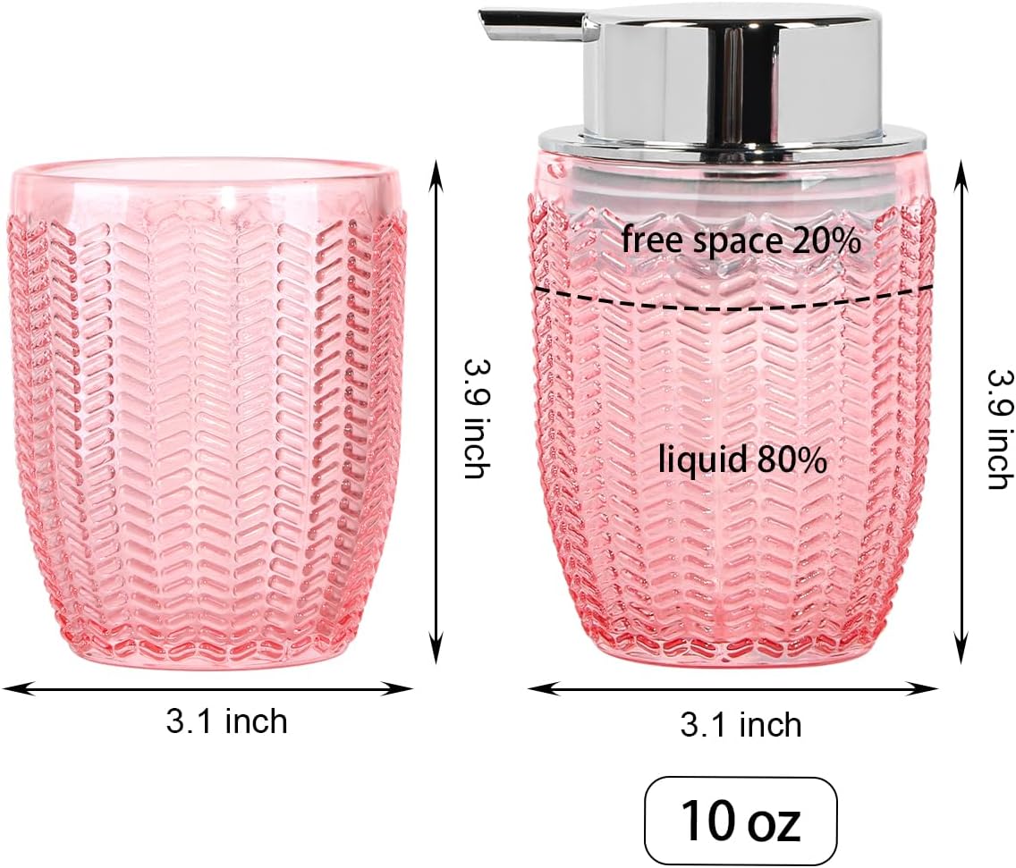 Bathroom Accessories Set of 3, Pink Glass Toothbrush Holder and Foam Soap Dispenser Set, Bathroom Foaming Soap Dispenser, Tumbler, Toothpaste and Tooth Brush Cup Holder for Countertop Decor